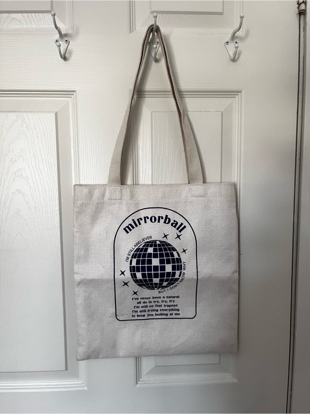 Taylor Swift Mirrorball Lyrics Canvas Tote Bag in Natural with Navy Print